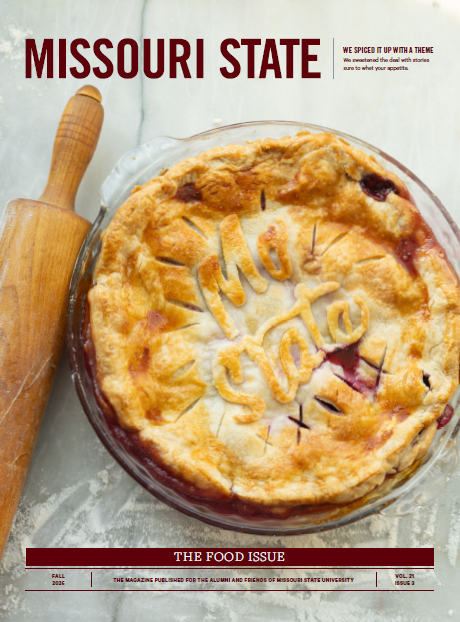 Cover of the October 2026 edition of the Missouri State Magazine food issue, which features a photo of a pie decorated with the Mo State script logo