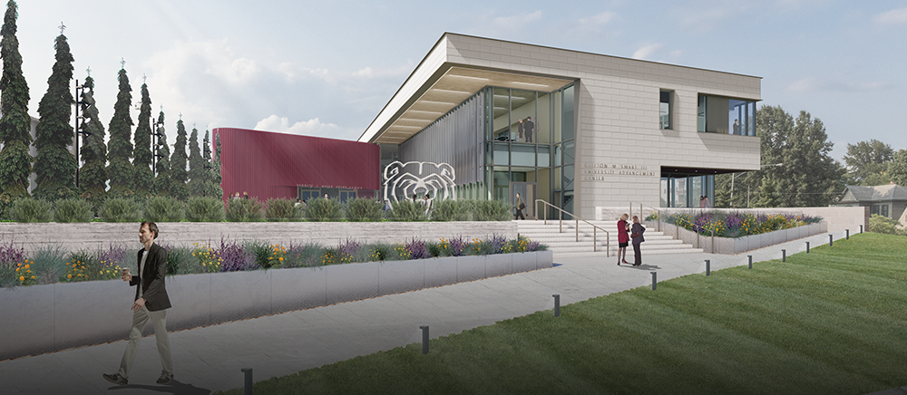 Rendering of the south view of the Clifton M. Smart III University Advancement Center.