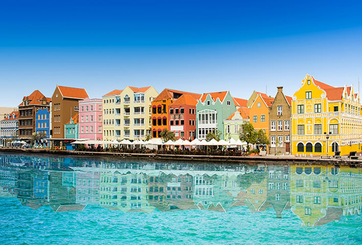 The iconic Handelskade waterfront in Willemstad, on the Caribbean island of Curaçao.