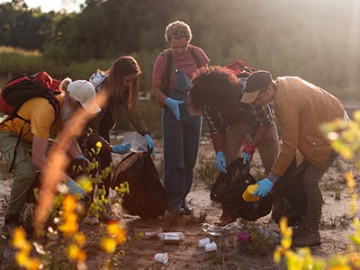 Volunteers removing trash from a creek area.
